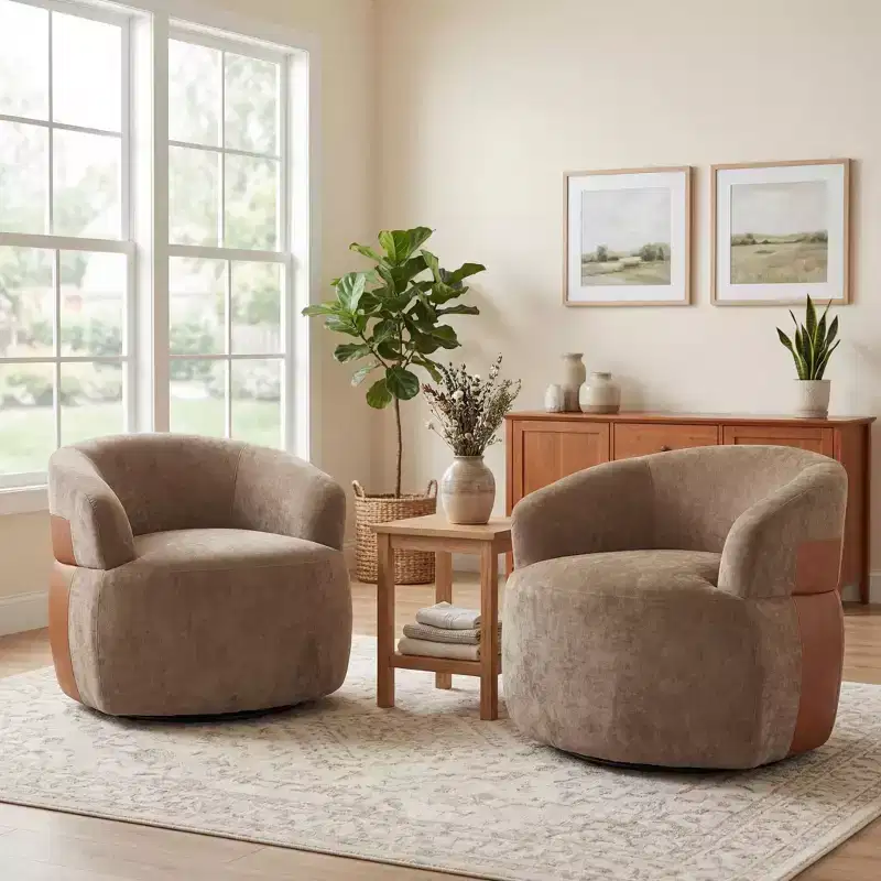 Christopher Knight Home Anuei Modern Wooden Boucle Upholstered 360 Swivel Chairs with Metal Leg and Faux Leather Accent (Set of 2)