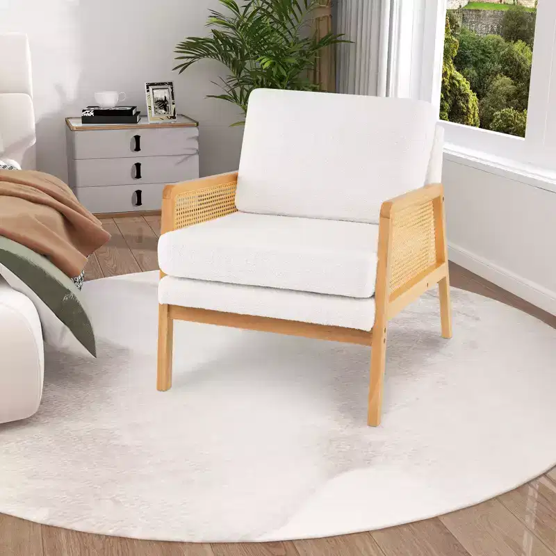 Costway Mid Century Modern Accent Chair Living Room Armchair with Rattan Arms Wooden Frame Brown/Natural