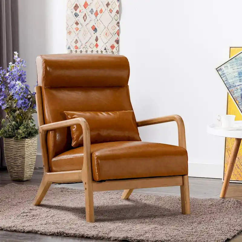 Upholstered Linen Blend Accent Chair with Wooden Legs and One Pillow