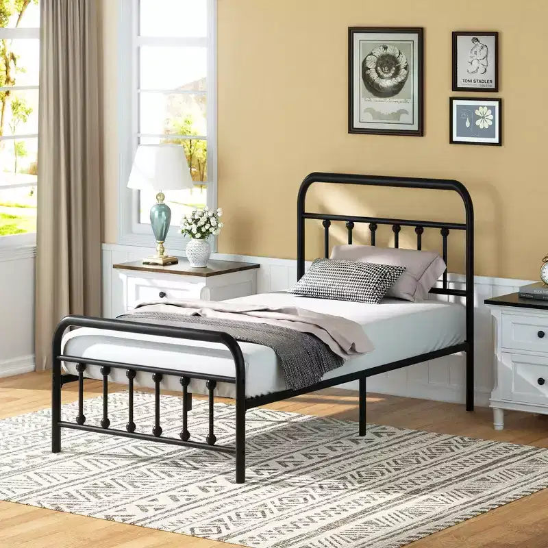 Twin Size Metal Platform Bed Frame with Headboard & Footboard, Steel Slat Mattress Foundation, Under Bed Storage, No Box Spring Needed, Black