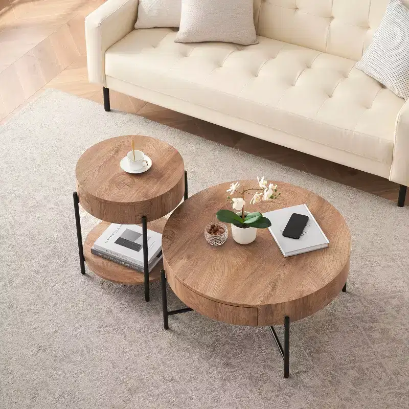 Coffee Table Vintage Round with Drawer, 31.9 Inch Wooden Storage Center Table with Retro Farmhouse Design for Living Room