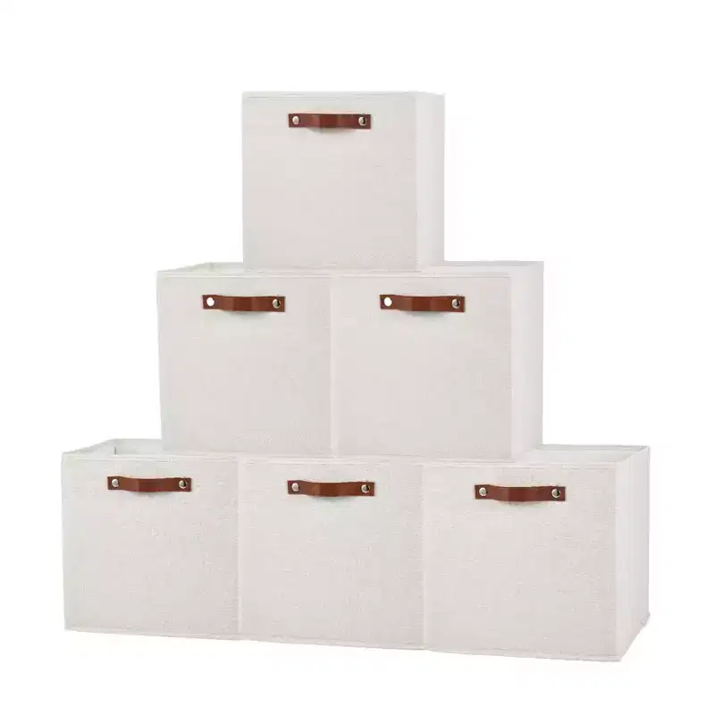 6-Pack 1313 Inch Linen Fabric Storage Cube Bins with Leather Handles for Closet Shelves