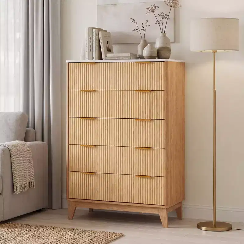 Modern Fluted 5 Drawer Dresser for Bedroom, Vertical Storage Tower with Gold Handles, Narrow Chest of Drawers for Small Space