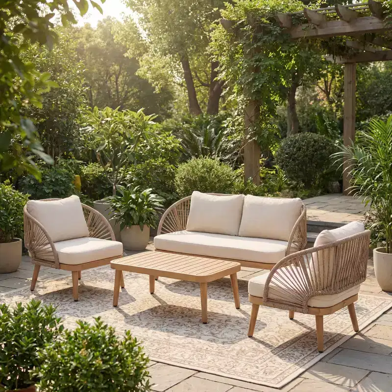 Christopher Knight Home Eadith Acacia Wood Outdoor Chat Set with Rope Accents and Slatted Table