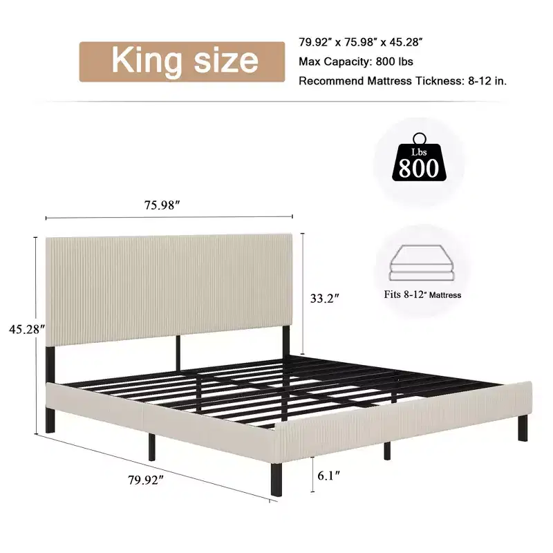 King Size Bed Frame with Upholstered Headboard,Stable Structure,Easy Assembly,Simple Elegant Style,Beige