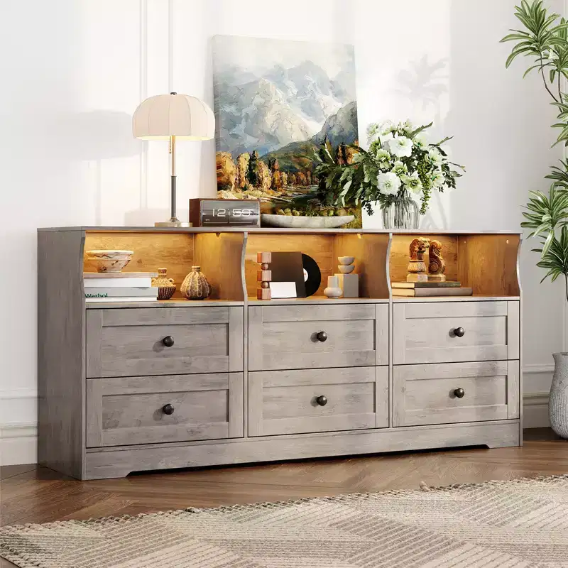 63 6-Drawer Wooden Dresser TV Stand with Power Outlet & Open Shelves, Modern Entertainment Center for Living Room & Bedroom, Chest of Drawers