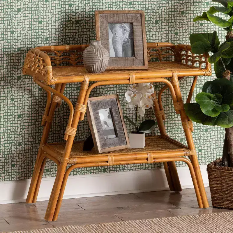 bali & pari Nayana Natural Rattan 2 Tier Console Table Light honey: Handcrafted, No Assembly, Bohemian Style
