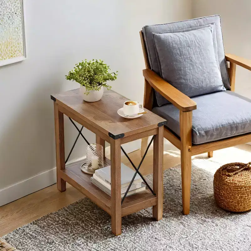 Farmhouse Style 2-Tier Side Table with Bottom Shelf - Honey Brown