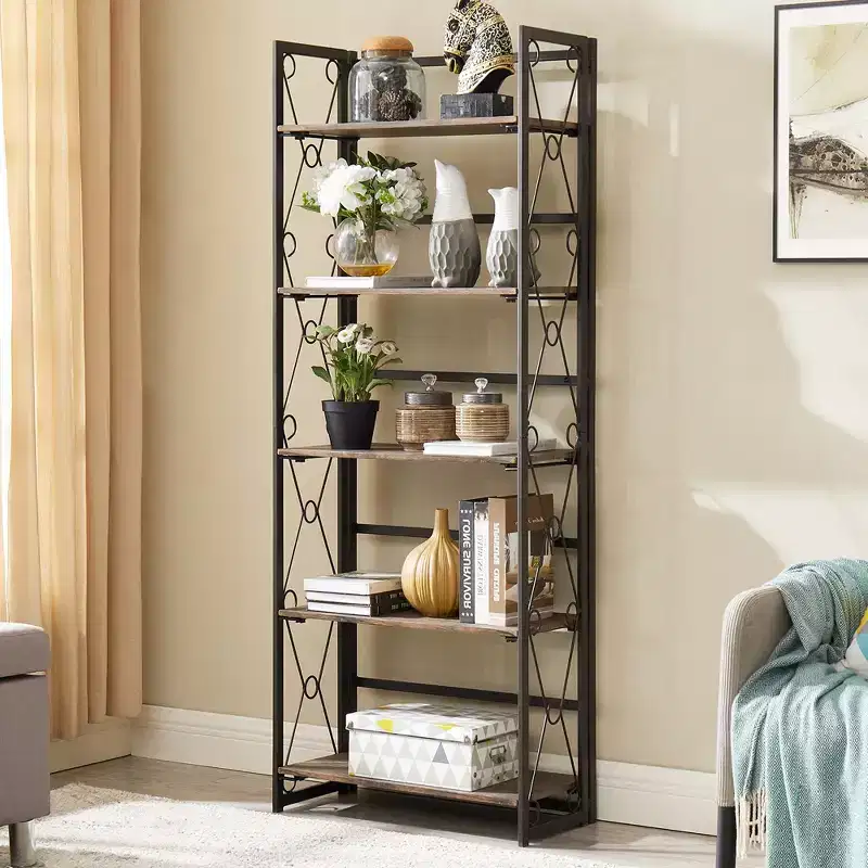 VECELO Folding Bookshelf, 5-Tier Bookcase, Industrial Tall Book Shelf Storage Organizer for Living Room, Brown/Walnut/Antique Brown