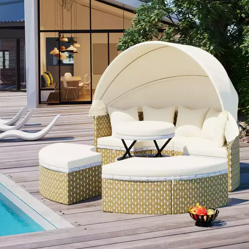 Whisen Outdoor Rattan Sectional Sofa Set with Retractable Canopy & Removable Cushion
