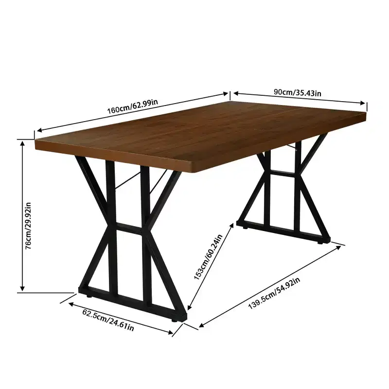 FurnitureR Industrial Dining Table with Wood Look Top and X-Shaped Metal Base, Fixed Size Rectangular Table for Dining Room or Kitchen