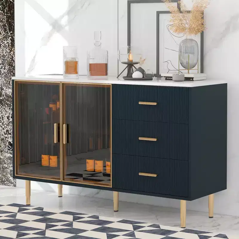 Modern Sideboard MDF Buffet Cabinet Marble Sticker Tabletop and Amber-yellow Tempered Glass Doors with Gold Metal Legs and Handles Navy Blue