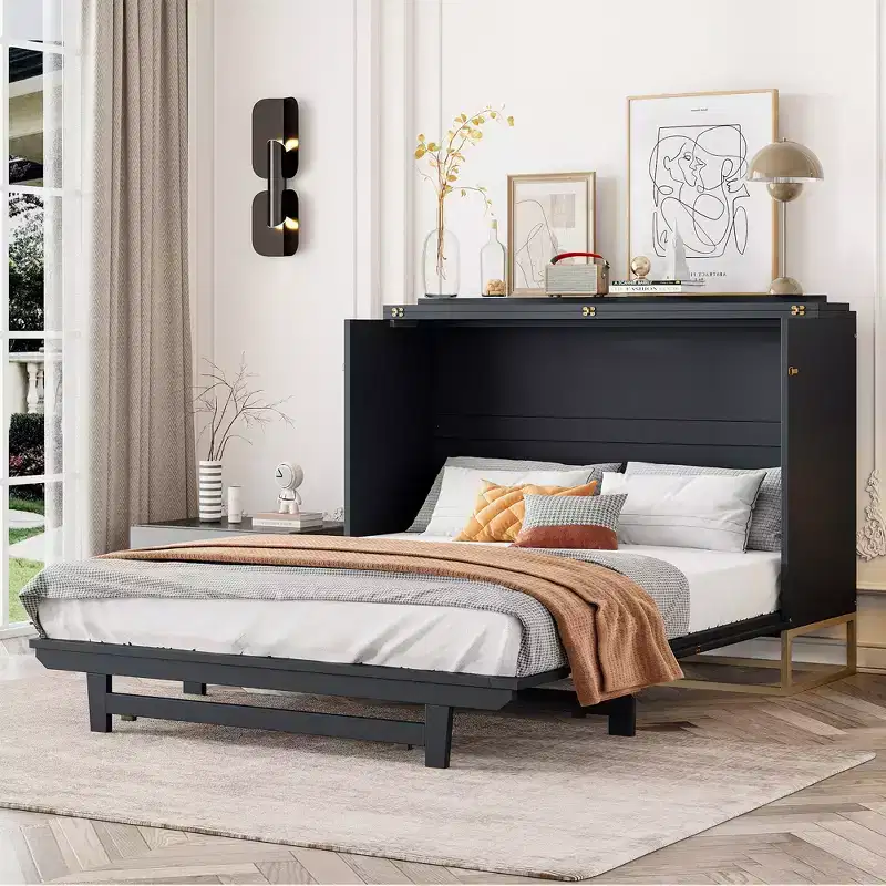 Queen Murphy Bed Wall Bed with Gold Leg, Queen Size Cabinet Bed Folding Wall Bed with Frosted Glass Doors Design and Fake Drawers