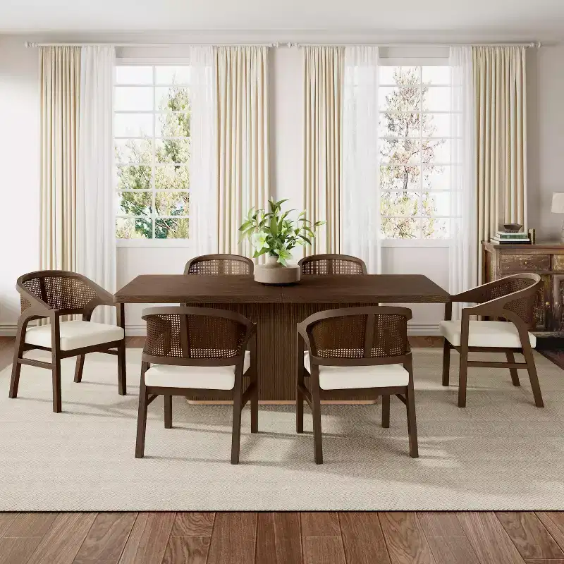 Christopher Knight Home Grace Contemporary 7 Piece Rubberwood Rattan Upholstered Dining Set with Oversized Rectangular Table