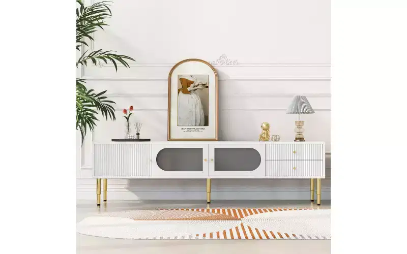 TV Stand Console for Up To 80'' TV, Modern Television Table, Center Media Console with 2 Drawers For Living Room Bedroom, White