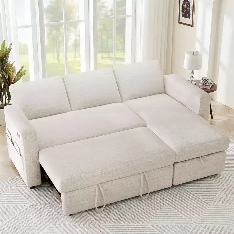 2-in-1 Pull Out Sleeper Sofa with Storage Chaise, Chenille Sectional Couch with USB Ports for Living Room