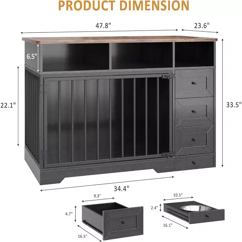 48Farmhouse Dog Crate Furniture End Table with Pull-Out Bowl&Storage Drawers,Heavy Duty Dog Kennel Furniture for Small&Medium Dogs Indoor Dogs House
