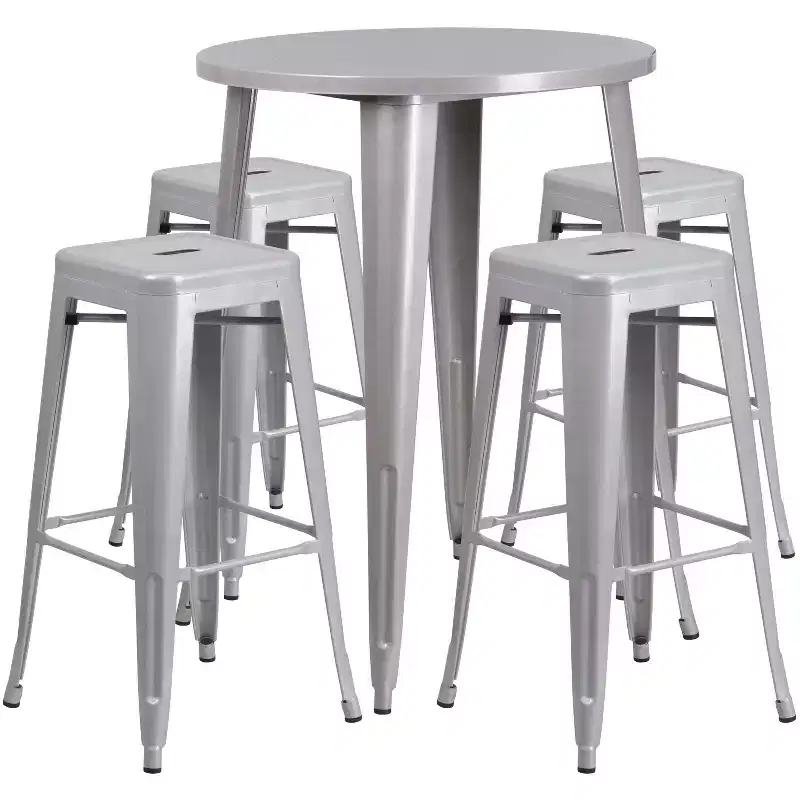 Flash Furniture Commercial Grade 30 Round Metal Indoor-Outdoor Bar Table Set with 4 Square Seat Backless Stools