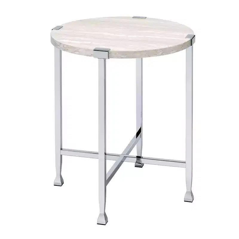 Royal Hampton End Table with X Shaped Metal Base and Round Wooden Top,Silver and Beige