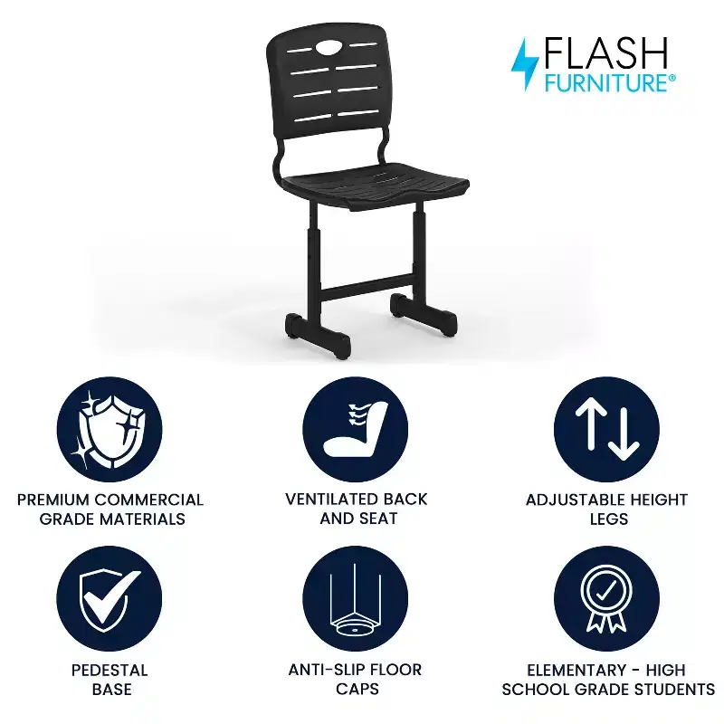 Flash Furniture Nila Adjustable Height Black Student Chair with Black Pedestal Frame for School, Classroom, Remote Learning