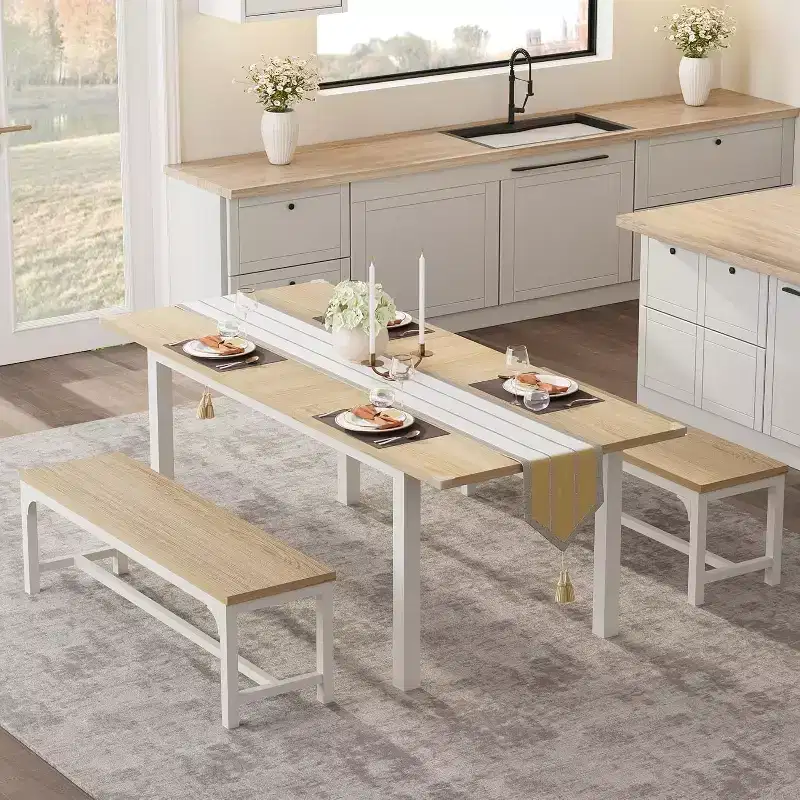 63 Extendable Dining Table Set for 4-6 with 2 Benches & 2 Stools, Metal Frame & MDF Wood Top, Space-Saving Large Kitchen & Dining Room Furniture