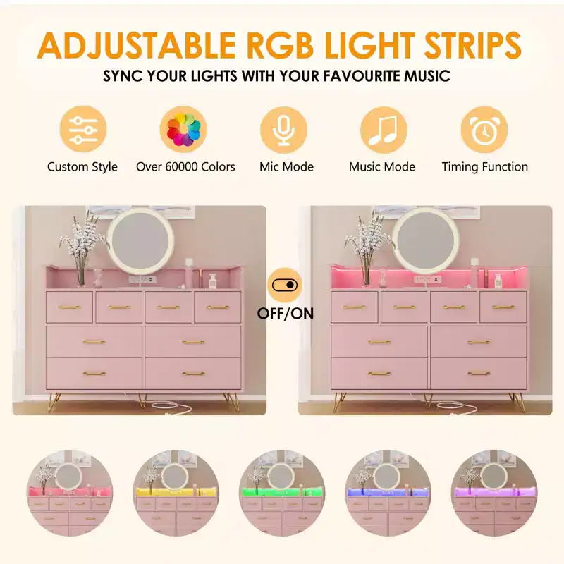 8-Drawer Dresser with Power Outlet, LED Lights & Gold Handles, Modern Wood Chest, White