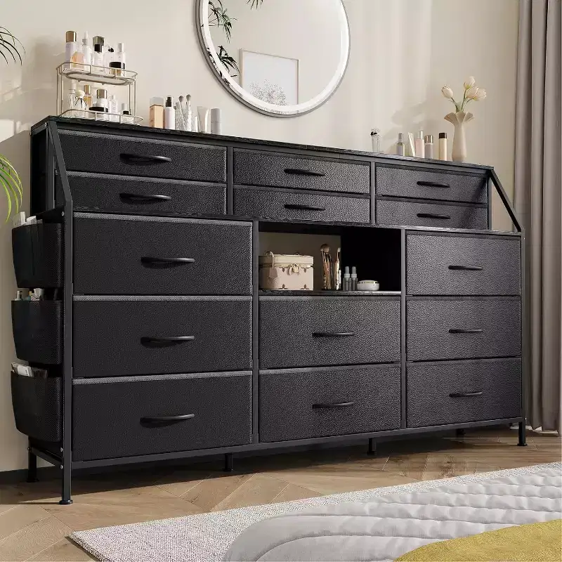 Dresser for Bedroom with 14 Drawers, 55 W Dresser with Side Pocket, Metal Frame and Wood Top Open Shelves, for Bedroom, Living Room, Closet
