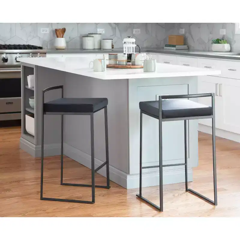 LumiSource Set of 3 Fuji Stacker Counter Height Barstools Black Metal/Black Velvet