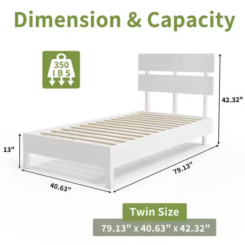 Solid Wood Platform Twin Bed Frame with Headboard, Mid Century Modern, White