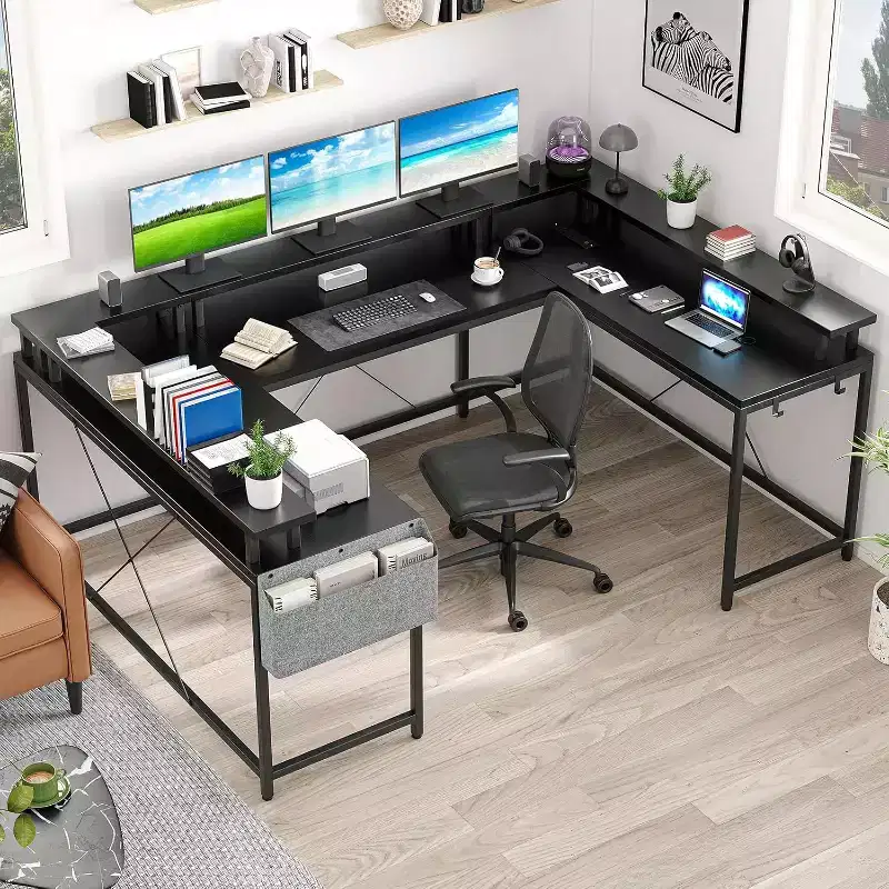 78.8in U-Shaped Corner Computer Desk for Gaming, Reversible L-Shaped Office Desk with Power Outlets, LED Lights, Monitor Stand & Storage Shelves