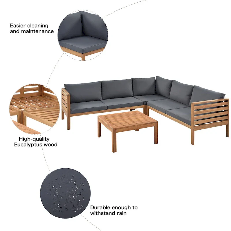 4-Piece Acacia Wood L-Shaped Sectional Sofa Set with Table