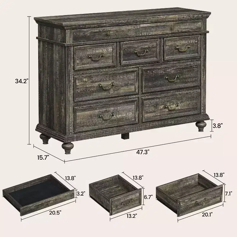 9-Drawer Dresser with Vintage Metal Handles – MDF Wood, 47.3 inches Wide