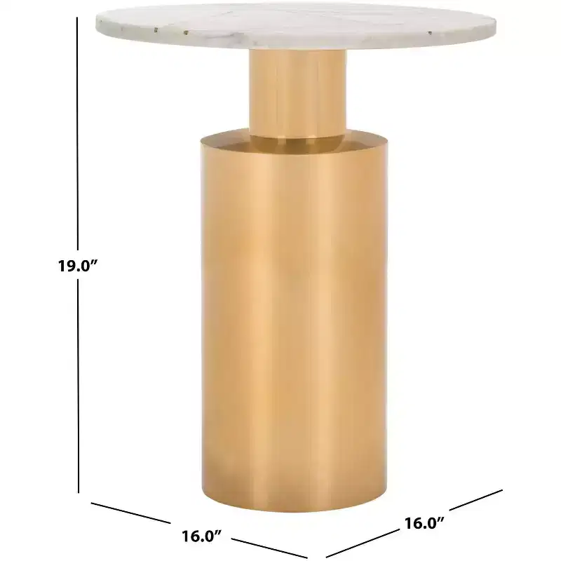 Round Marble & Brass Top Side Table with Copper Pedestal Base, Modern Accent Table