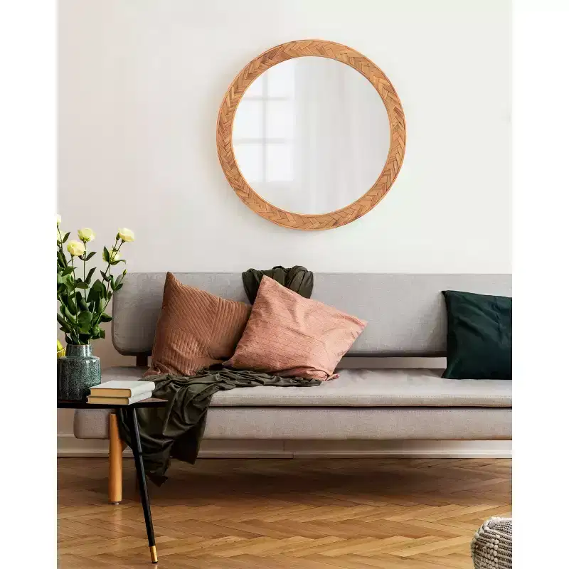 Solid Wood Chevron Round Wall Mirror, 24