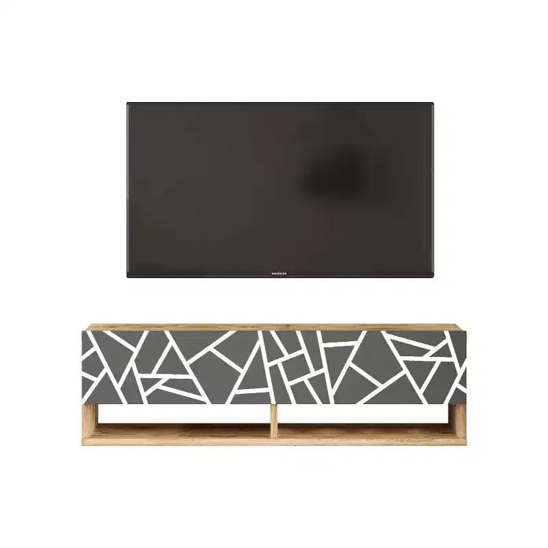 HomeStock Future TV Unit Maze Pine-White UV Print 70 inches Floating Entertainment Center Console with Storage Shelves & Doors