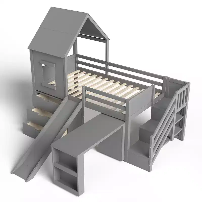 Wood Twin Loft Bed with Slide, Removable Desk & Storage Stairs
