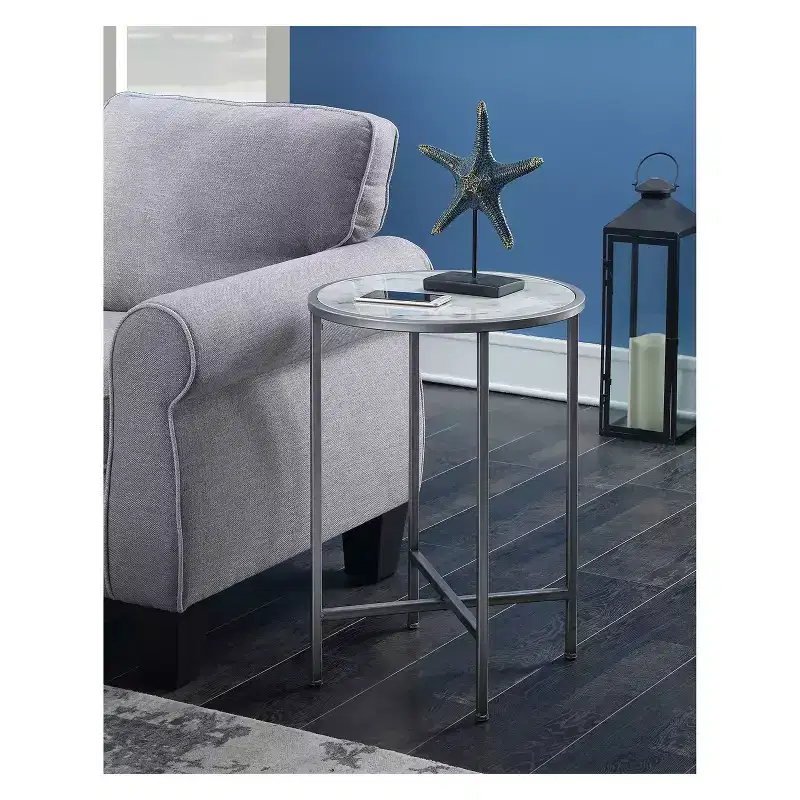 Faux Marble Round End Table, Silver Metal Frame, 24.5