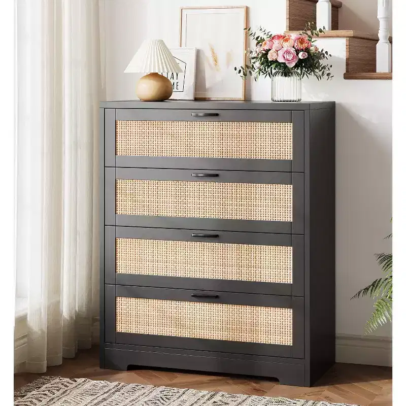 5 Drawer Rattan Dresser for Bedroom, 47.27 Tall Dresser with Power Outlets, Wood Dresser Chest of Drawers with Metal Handles for Living Room Closet