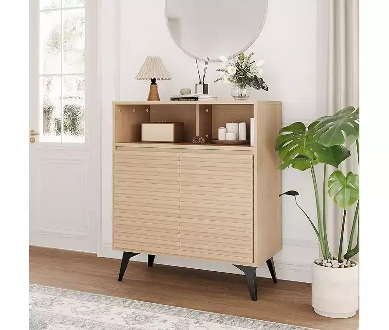 Fluted Storage Cabinet with Metal Legs – Mid-Century Modern Sideboard Credenza