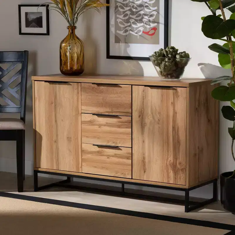 Reid Wood & Metal 3 Drawer Sideboard Buffet Oak/Black - Baxton Studio