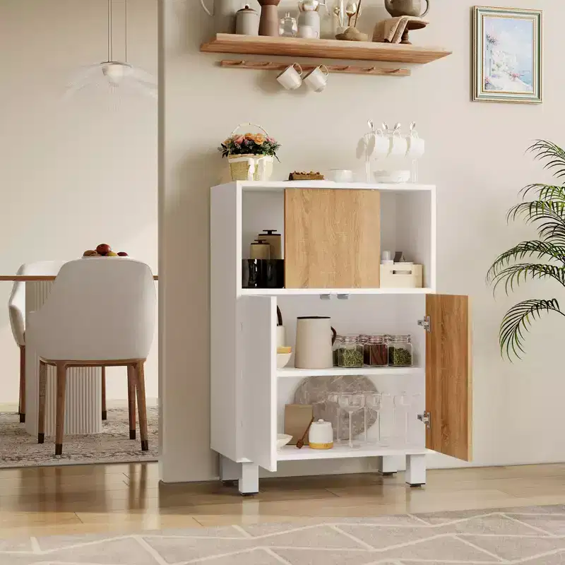 Wooden Storage Cabinet with Sliding Doors and Adjustable Shelves