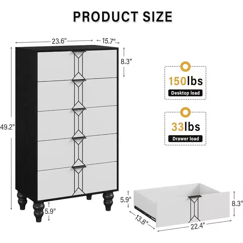 Acekool 5 Drawer Dresser, Modern Chest with Vintage Pattern and Deep Storage for Bedroom, Living Room, Entryway