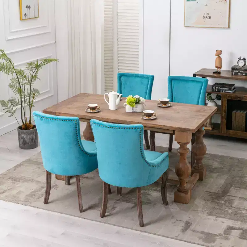 Okak Retro Dining Chairs Set of 2, Comfy Fabric Chairs with Thick Cushions, Kitchen Side Chairs with Solid Wood Legs Bronze Nail Head