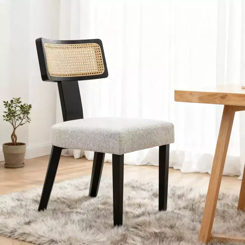 Set of 2 Upholstered Dining Chairs with Rattan Back and Black Wood Frame, Beige Fabric