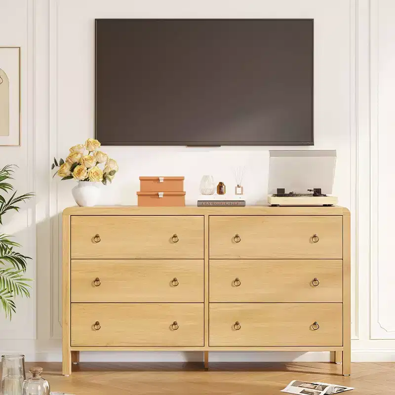 Hallway 47 Wide 6 Drawer Dresser for Bedroom, Wooden Chest of Drawers w/ Large Storage & Metal Handles, Modern Low Profile Storage Organizer