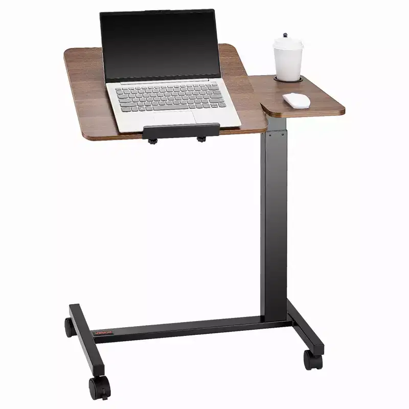 VEVOR Overbed Table, Mobile Bed Side Table with Flip Desktop and 4 Wheels, Height & Angle Adjustable Rolling Laptop Desk, Wood + Black