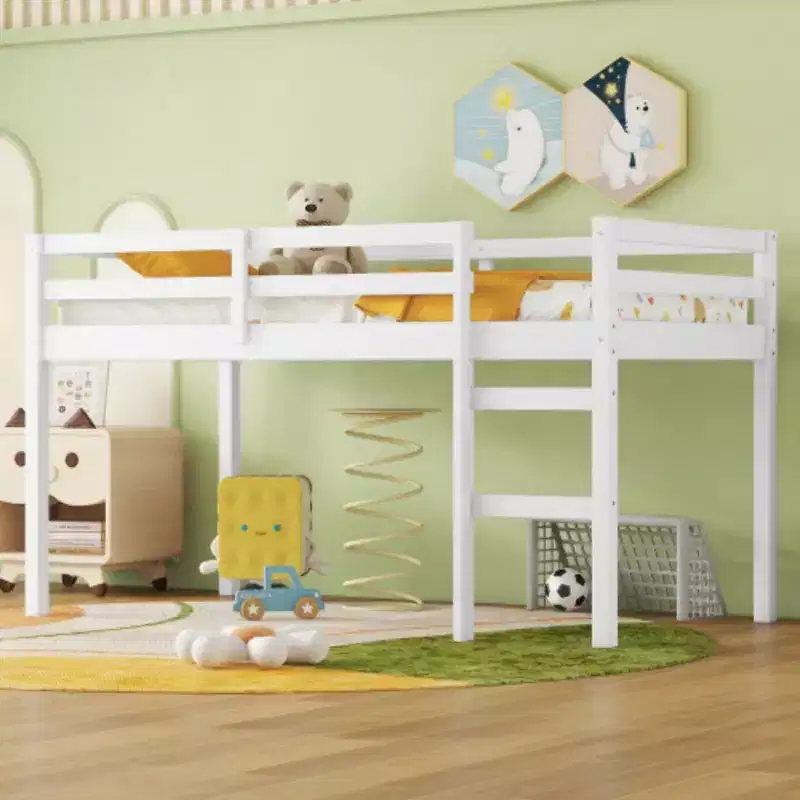 Twin High Loft Bed with Integrated Desk & Safety Guardrail, Solid Rubberwood, Grey