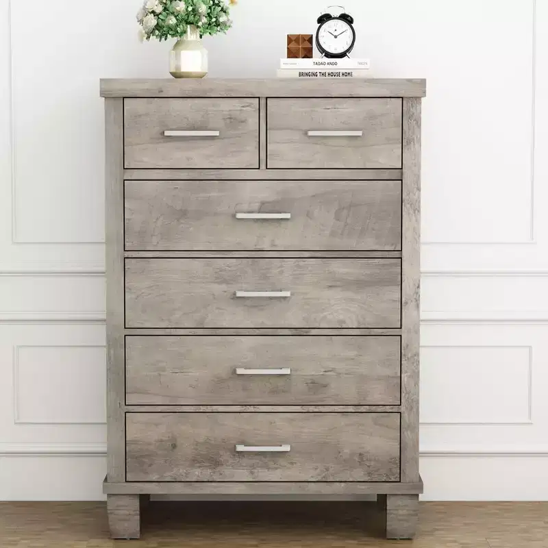Dresser for Bedroom with 6 Drawers, 45 Tall Grey Chests of Drawers with Storage, Wooden Dresser for Closet for Bedroom, Living Room, Entryway