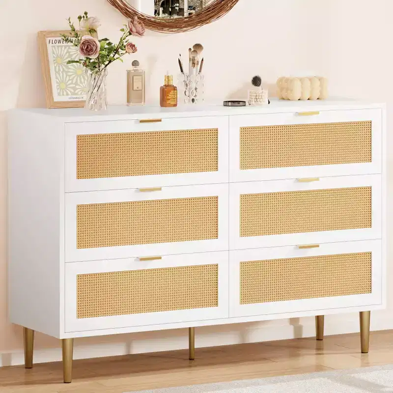 Rattan 6-Drawer Storage Chest with Gold Legs & Handles, Wide Cabinet with Large Tabletop, Anti-Tip, for Bedroom or Living Room