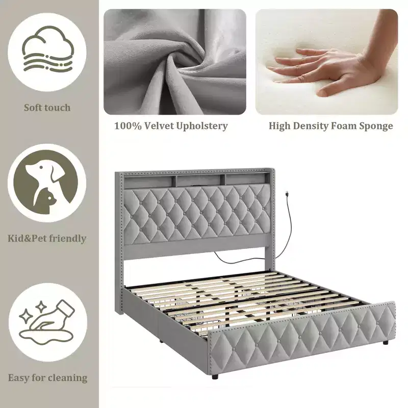 GustoWave Velvet Upholstered Bed Frame with 50.8 Tall Headboard, USB Charging Station, Led Lights